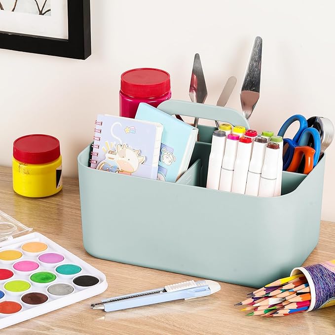 Multiuse Caddy Organizer with Handle, Portable Divided Plastic Tote Bin - Art Craft, Stationary Pen Marker Crayons, Makeup Hair Supplies Storage - Bathroom, Classroom, Dorm, Office, Desk Holder - Mint