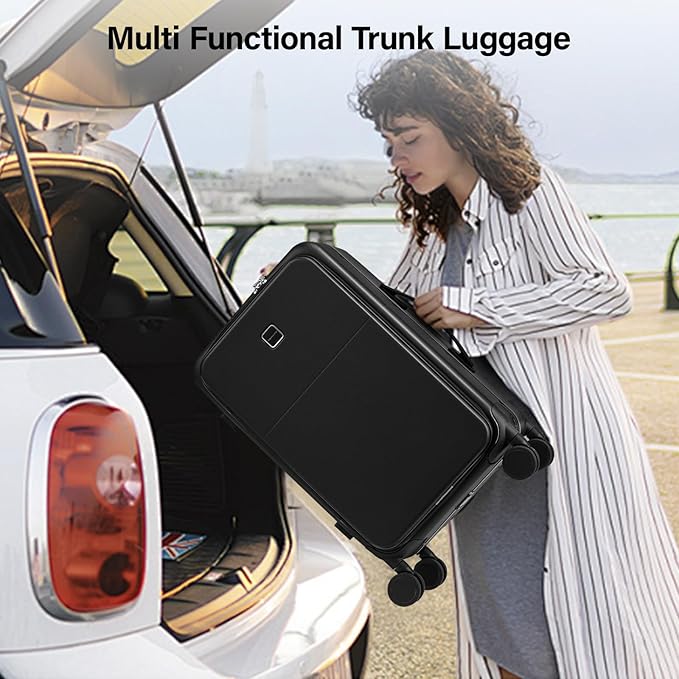Hanke 20 Inch Carry On Luggage with Cup Holder and Charge,Top Opening Hard Shell Suitcases with Wheels and Dividers,Aluminum Frame Trunk Luggage Small Suitcase with Lock for Travel,Jet Black
