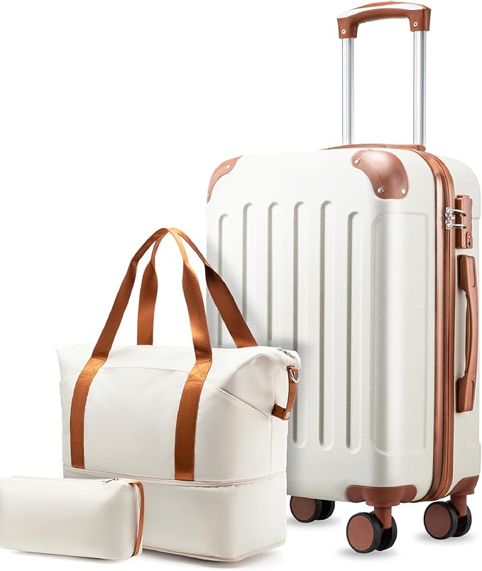 Carry On Luggage 22x14x9 Airline Approved, Hardside Suitcase with Wheels, TSA Approved, Tote Bag, White Brown