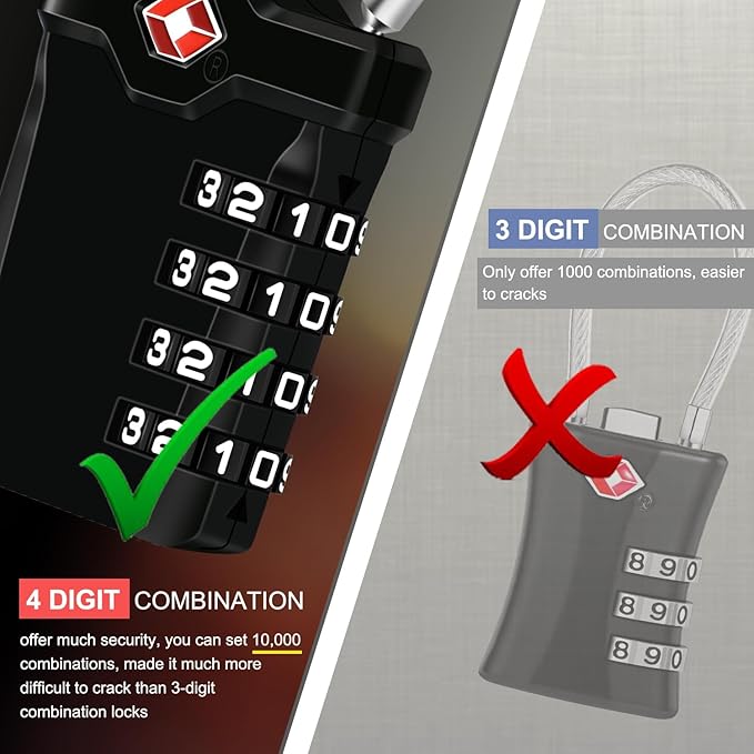 Diyife TSA Luggage Locks, 2 Packs, 4-Digit Combination Lock Security Padlock Travel Lock, with 14cm Flexible Cable for Suitcase Luggage Backpack School or Gym Cabinet, etc. (Black)
