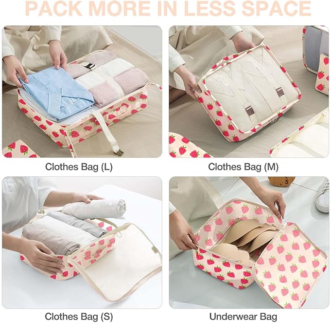 8 Set Packing Cubes for Suitcases,Packing Cube with Shoe, Cosmetics, Clothing, and Accessories Bags Packing Cubes for Travel Luggage Organizer Women Men(8 Set Strawberry)