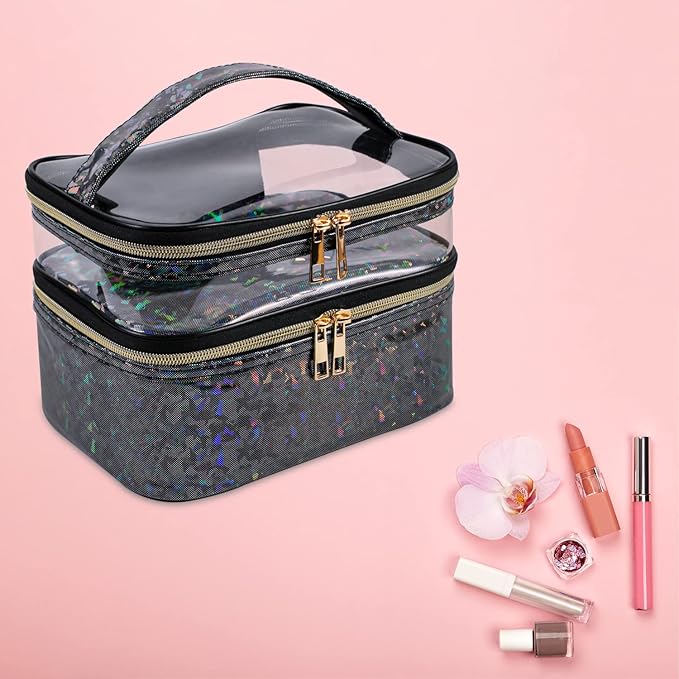 Double-layer Makeup Bag Cosmetic Bag Travel Makeup Cases Organizer Toiletry Bag Gift for Women, Portable Waterproof (Black)