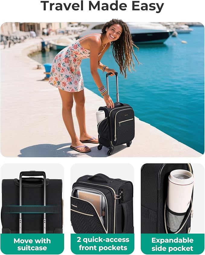 BAGSMART Underseat Carry On luggage Airline approved, 16-inch Softside Underseater Travel Suitcase with Spinner Wheels Lightweight Overnight Bag Small Rolling Carry-on for Women Men Weekender,Black