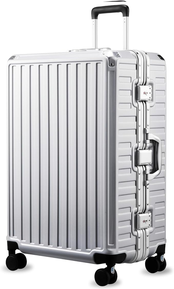 LUGGEX Checked Suitcase with Spinner Wheels, 8010S Aluminum Frame Zipperless Polycarbonate Hard Shell Suitcase (ZX-Core, Silver, 28 Inch)