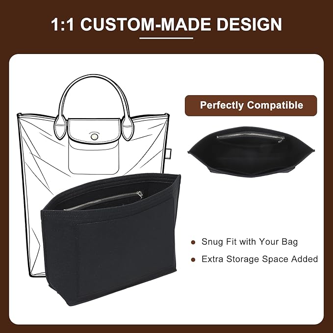Doxo Felt Purse Organizer Insert for Longchamp Le Pliage M Totes, Longchamp Orgainzer Insert Meduim with 7 Compartments & YKK Zipper | Fits Long Champ Meidum Top Handle Tote Bag (SM, Black)