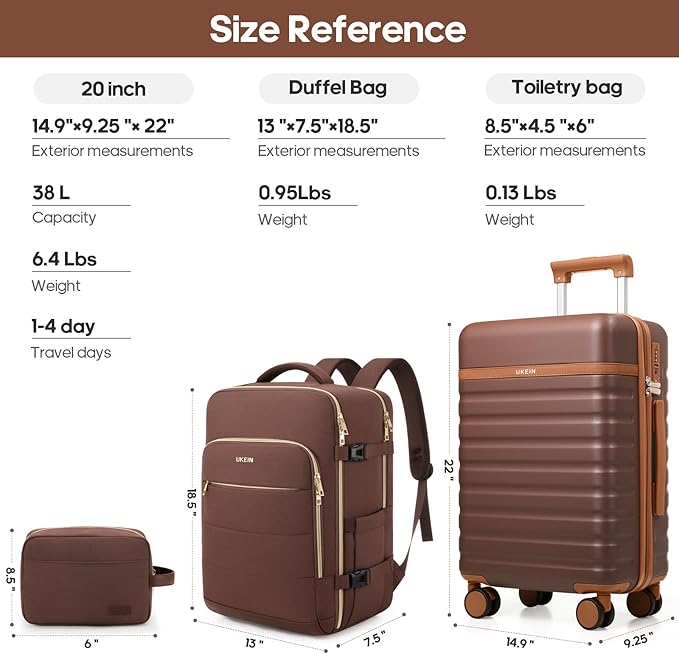 Luggage Sets 3 Piece, Carry On Luggage 20In With Spinner Wheels,PC Hardside Suitcase Set with TSA Lock,Durable Carry On Suitcase With Travel Backpack for Men (Dark Coffee, 3 piece set (BP/20inch))