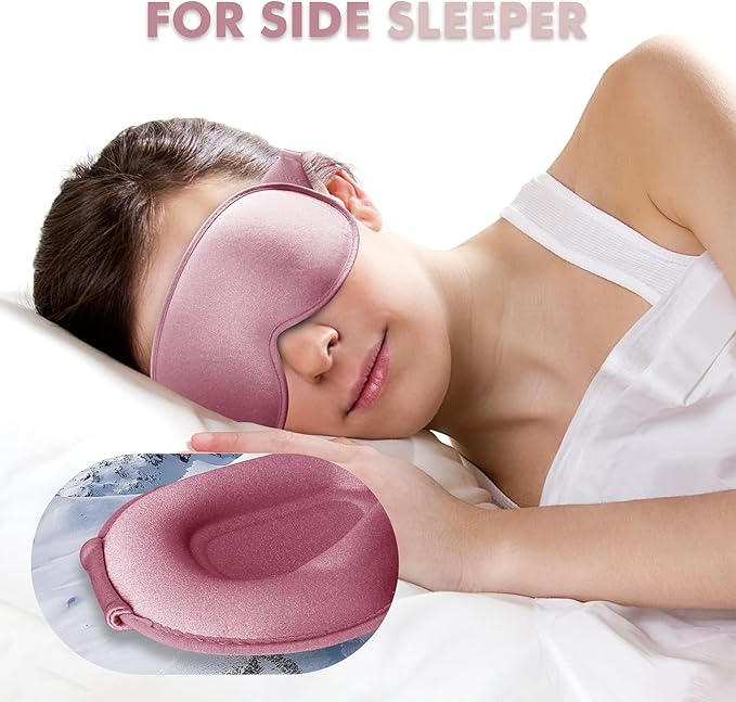 Sleep Eye Mask for Men Women, Sleeping Mask for Side Sleeper, Travel Blackout Night Blindfold Eye Shade Cover with Adjustable Strap (Pink-Side Sleeper)