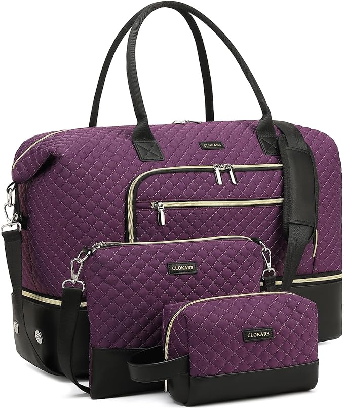 Duffle Bag for Women Travel, Weekender Bag Overnight Bag with Shoe Compartment, Carry on Bag with Crossbody Purse for Over Night, Weekend, Yoga, Gym, Business Trips, Hospital, Purple Black