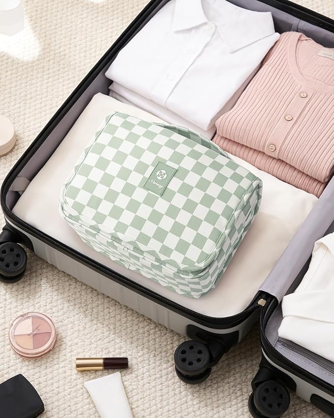 Narwey Small Hanging Travel Toiletry Bag for Traveling Women, Checkered Travel Bag for Toiletries, Makeup Bag Organizer Make Up Cosmetic Bags (Mint Green Checkerboard)
