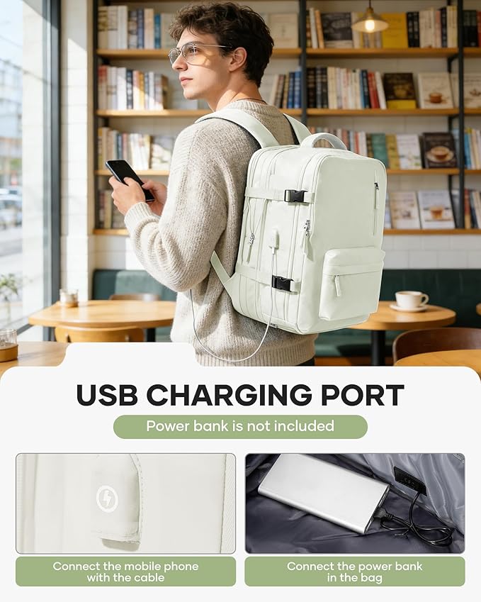 VECAVE Vacuum Backpack Travel with Pump, Expandable Personal Item Carry on Backpacks for Women Men, Laptop Waterproof Work Compression bags with USB Casual Daypack White