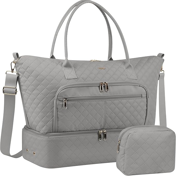 HOTOR Travel Duffle Bag for Women - Carry on Bag with Toiletry Pouch & Shoe Compartment, Large Overnight Weekender Bags for Gym, Business Trips, Sports and Hospital, Gray, 17.3" x 7.9" x 13.4"