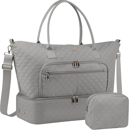 HOTOR Travel Duffle Bag for Women - Carry on Bag with Toiletry Pouch & Shoe Compartment, Large Overnight Weekender Bags for Gym, Business Trips, Sports and Hospital, Gray, 17.3" x 7.9" x 13.4"
