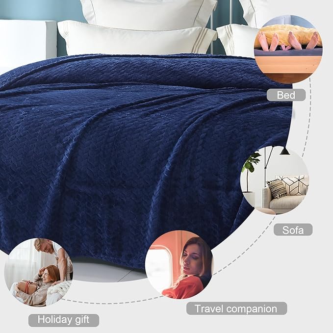 Exclusivo Mezcla Fleece Queen Size Blanket for Bed, 90x90 Inches Soft Cozy Jacquard Flannel Blankets, Lightweight Fuzzy Plush Warm for Women, Navy Blue
