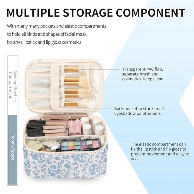 OCHEAL Makeup Bag Portable Cosmetic Bag For Women, Large Capacity Travel Makeup Case Organizer, Toiletry Bag for Girls Traveling With Handle and Divider-Flowers