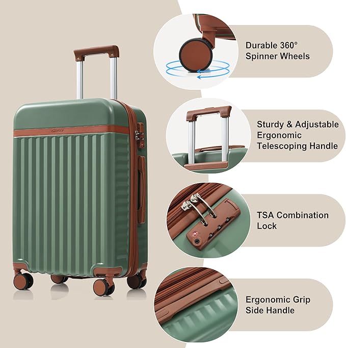 Hardshell Luggage, Lightweight Suitcase with Spinner Wheels, GREEN+USB