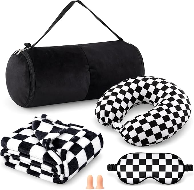 5 Pcs Travel Pillow and Blanket Set, 5 in 1 Travel Airplane Compact Includes 40 x 60 Inch Throw Blanket Eye Mask Neck Pillow Earplug and Bag Gifts for Travelers Women(Checkered,Black)
