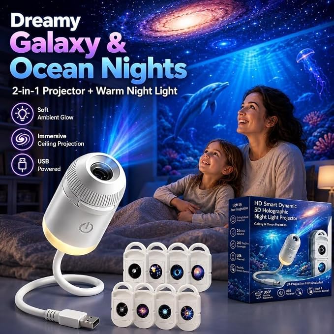 2027 Upgraded Hd Smart Dynamic 5d Holographic Night Light Projector, Plug and Play Hd Star Projector, 360° Adjustable Hd Galaxy and Ocean Projector for Bedroom Ceiling (12 Projection Films)