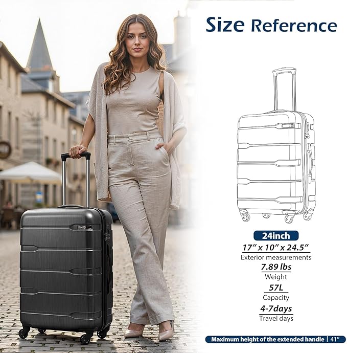 Coolife Medium Checked Luggage Hardside PC+ABS Suitcase with TSA Lock, Lightweight Rolling Carry On with Spinner Wheels(Charcoal, 24in)