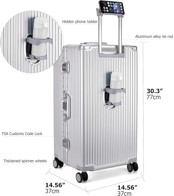 feilario 30in Super Large Captain Aluminum Frame Hardside Spinner Wheels Luggage, Removable Wheels Zipperless Checked Suitcase with Cup Holder/Phone Holder (Silver,30in)