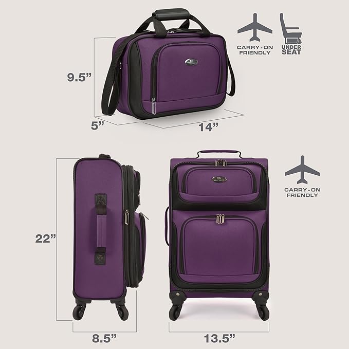 U.S. Traveler Rio Lightweight Softside Rolling Carry-on Suitcase, 4-Wheel Set, Purple