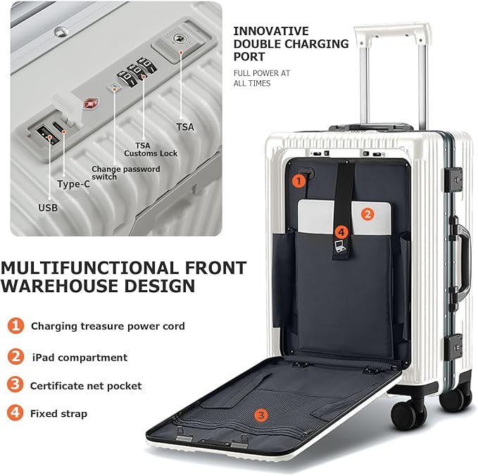 feilario Aluminium Frame PC Hard Shell Spinner Wheels Luggage,20.8"X15"X8.7 Airline Approved Built-In TSA lock Carry on Suitcase, with Cup Holder, USB Port, Phone Holder