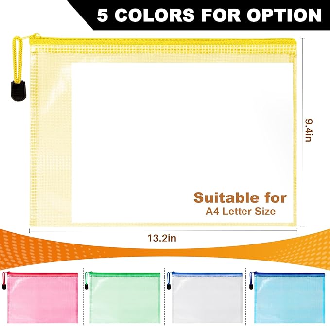 Mesh Zipper Pouch Bags - 5 Pack Waterproof Zipper Bags 13.2 x 9.4 Inch Clear Mesh Storage Pouches Assorted Colors for Home, Office, School, Travel, Puzzles, Board Game, Cosmetic, Accessories
