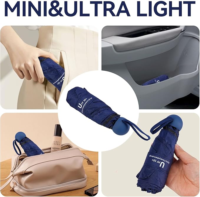 Mini Umbrella for Travel, Compact Folding Umbrella with Case, Lightweight 0.45lb Small Pocket for Backpack and Purse, Rain and Sun Protection - UPF 50+ Windproof Travel Umbrella Compact Mini for Outdoor Use
