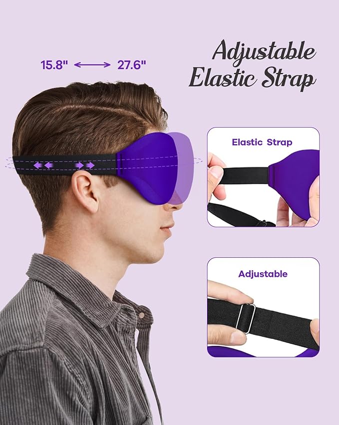 3D Contoured 100% Blackout Eye Mask, Sleep Mask with Adjustable Strap, Night Blindfold for Women Men, Eye Mask for Sleeping, Purple