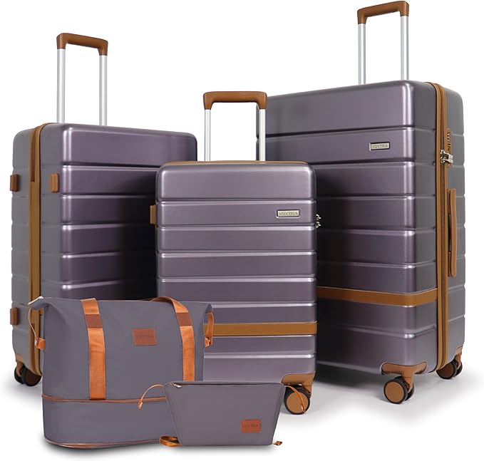 5-Piece Luggage Set for Family Travel: Lightweight Hardshell Suitcases (20/24/28 Inch, Plus Underseat & Tote) | 8 Spinner Wheels, TSA Lock & YKK Zippers | Durable PC+ABS Construction in Purple