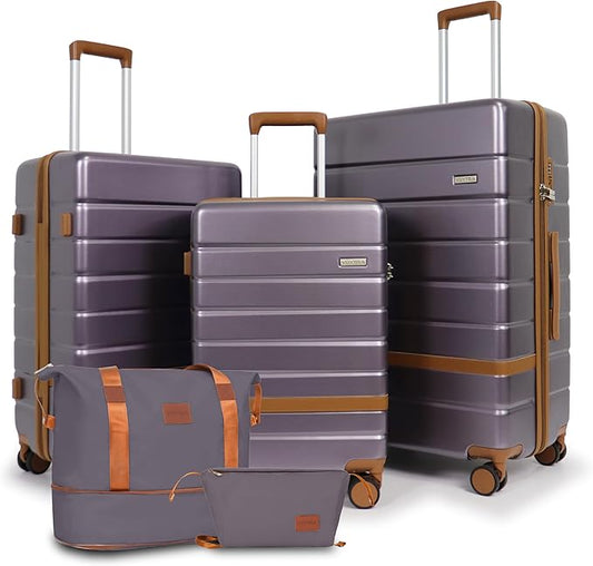 5-Piece Luggage Set for Family Travel: Lightweight Hardshell Suitcases (20/24/28 Inch, Plus Underseat & Tote) | 8 Spinner Wheels, TSA Lock & YKK Zippers | Durable PC+ABS Construction in Purple