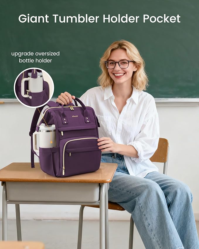 LOVEVOOK Laptop Backpack for Women with Giant Tumbler Holder Pocket,17 inch Waterproof Travel Backpack Purse Computer Laptop Bag,Professional Work College Nurse Teacher Backpack Daypack,Rose Purple