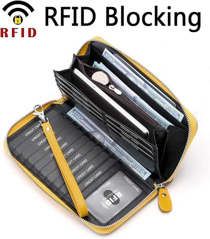 Moflycom Womens Wallet RFID Blocking Genuine Leather Multi Credit Card Large Capacity Zip Around Clutch Travel Purse Wristlet