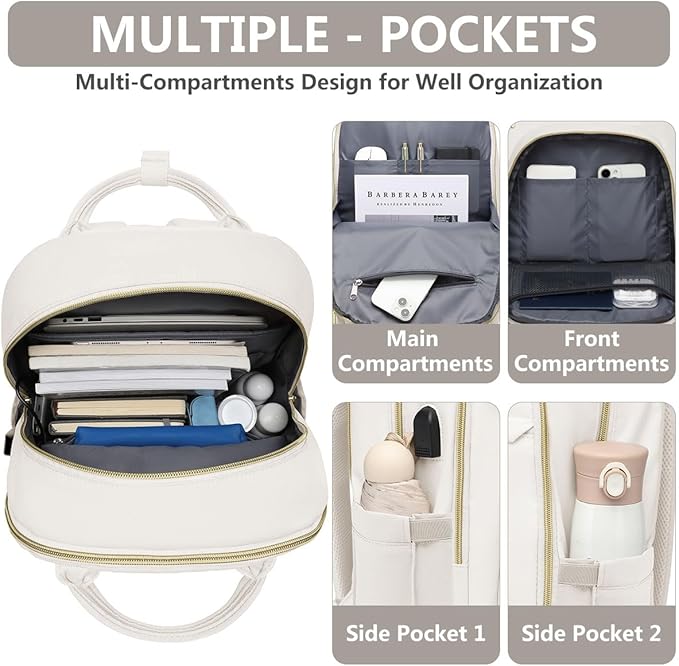 Laptop Backpack for Women Work Bag - 15.6 inch Travel Backpack with USB Charger Business Computer Backpacks for Office College Back pack for Teacher Casual Waterproof Bookbag for Nurses Beige