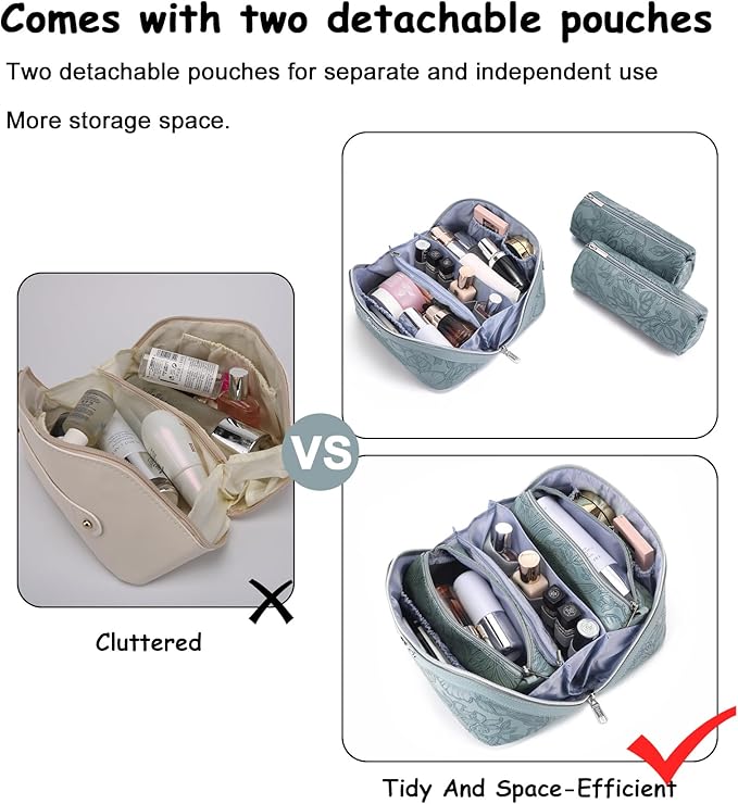 BOYATU Travel Makeup Bags Cosmetic Organizer Bag: 3 Pcs Set Large Capacity Floral Make up Bag with Compartments - Waterproof Leather Toiletry Bags with Handle for Women (01-Light Blue)