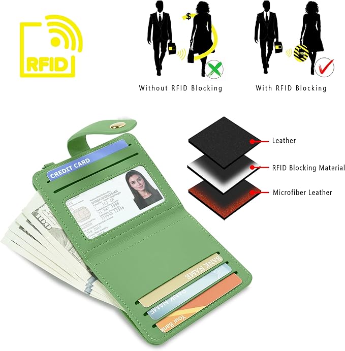 Airkit Small Wallets Woman RFID Blocking Leather Credit Card Holder - with ID Window - Card Wallets for Women - with Zipper Coin Purse - Keychain Wallet