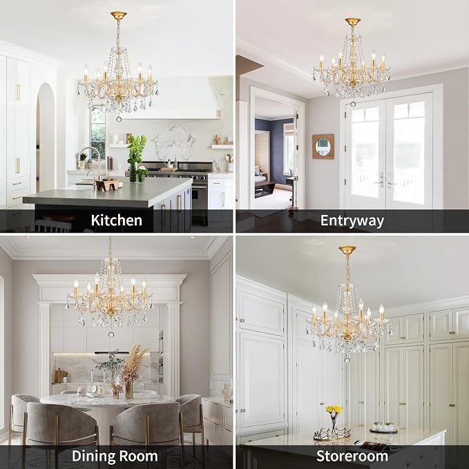 Crystal Chandelier Light Fixture, Modern K9 Crystal Chandeliers for Dining Room, 6-Lights Gold Ceiling Light, Adjustable Hanging Pendant Light Fixture for Living Room Entryway Kitchen Island Hallway