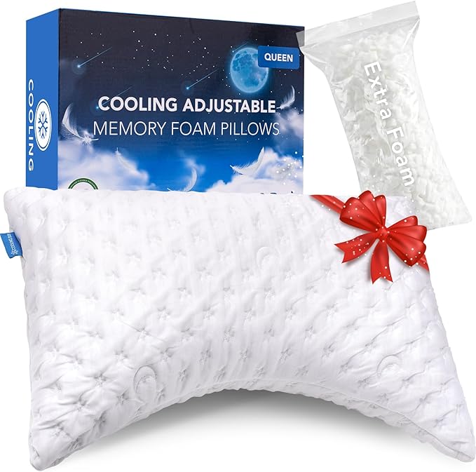 Cooling Side Sleeper Pillow for Neck and Shoulder Pain, Luxury Shredded Memory Foam Curved Bed Pillows for Sleeping Set of 1- Adjustable Queen Size- Washable Cover Crescent White