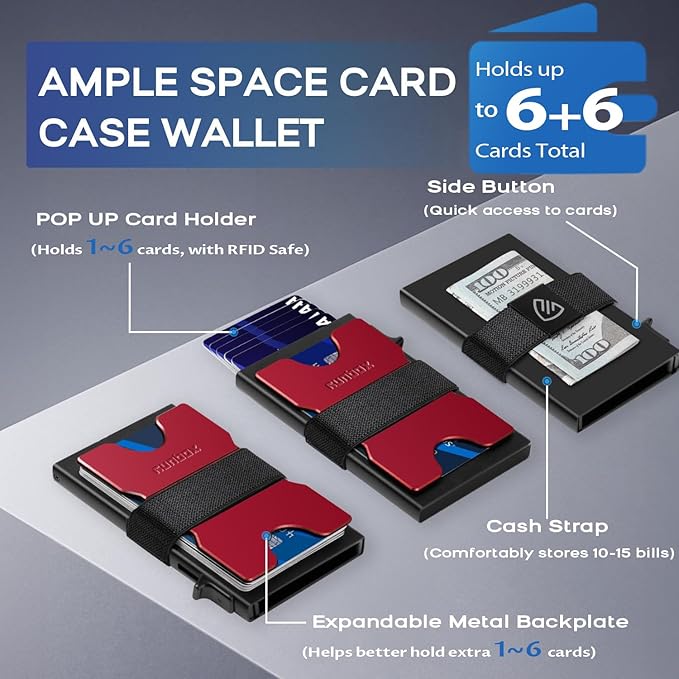 RUNBOX Slim Card Holder Wallet for Men, Minimalist RFID Blocking Wallet with Pop-Up Function, Ultra-Thin Design, Metal Business Card Cases holds 6+6 Cards, Gifts for Men, Men's Accessories