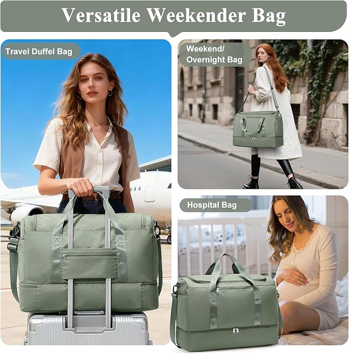 Large Duffle Bag for Travel,Carry-On Overnight Weekender Bags for Women,Travel Duffel Bag,Green