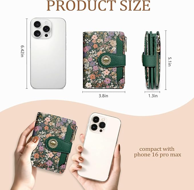 Icycay Floral Flowers Small Wallet Women RFID Blocking Bifold, Credit Card Holder, Zipper Coin Pocket, PU Leather, Compact, Travel, 4 ID Window, 14 Card Slots, Cash Purse, Ladies Woman Female Girls