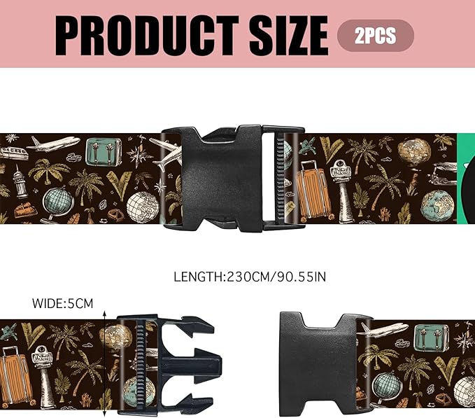 Nuxovilar Luggage Straps of 2 Set Travel Elements Pattern, 1.96x90.5 inches - Luggage Straps for Suitcases, Perfect for Global Travel, Adventures, Business Trips