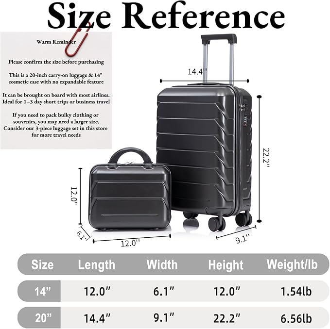 2-Piece ABS Hard Shell Lightweight Carry-On Luggage Set (14" & 20"), 360-Degree Spinner Wheels, Adjustable Telescopic Handle and Combination Lock for Travel, Dark Grey
