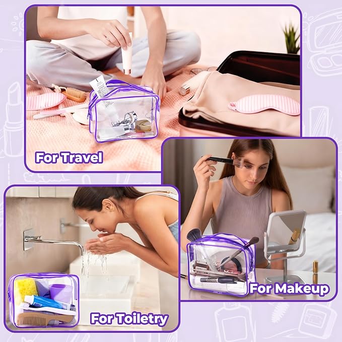 6 Pieces Clear Makeup Bags Bulk TSA Approved Toiletry Bag for Travel PVC Waterproof Clear Cosmetic Pouch with Zipper for Men and Women Carry-on Travel Essentials (Purple)