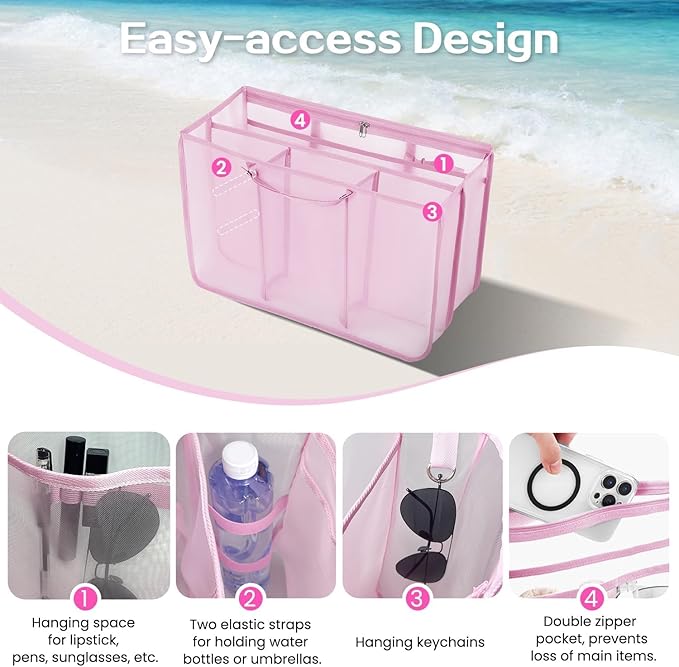 XYFuuee Beach Bag Organizer Inserts for Baby Medium Bogg Bag Accessories with 8 Removable Metal Fasteners, Lightweight Mesh Insert Divider Pouch, Organizing Rubber Tote, Save Storage Space, Pink M
