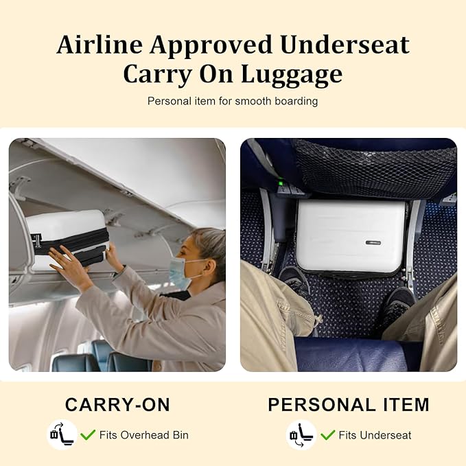 16 Inch Underseat Carry On Luggage Airline Approved, Expandable Lightweight ABS+PC Hard Shell Suitcases with 360° Spinner Wheels, TSA Lock, YKK Zipper, for Business Weekender (White, 1 PC)