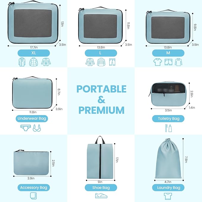Mesh Packing Cubes for Travel, Durable Luggage Organizer with Sturdy Material and Double Zippers, Comprehensive Set for Travel Accessories Storage, 8 set, teal