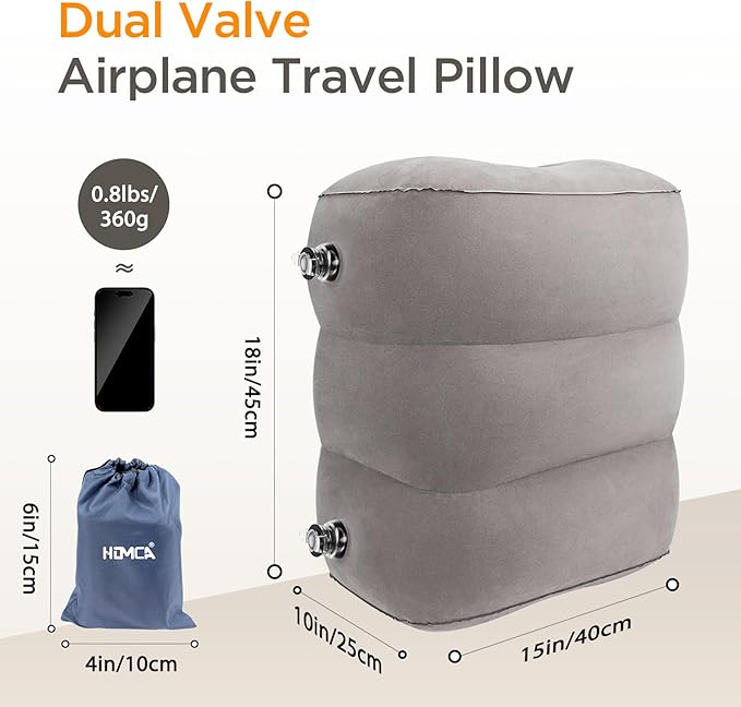Inflatable Travel Foot Rest Pillow(2-Pack), HOMCA Adjustable Height Leg Pillow Fast Inflating Airplane Bed for Toddlers Footrest Pillow for Office, Airplane, Train, Cars, Home (Grey)