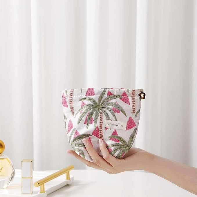 HAPPYHEIDI Makeup Bag Set 2, Cute Cosmetic Pouch, Coconut Trees Pattern, Cotton Blend, Floral, Zipper, 2 Count