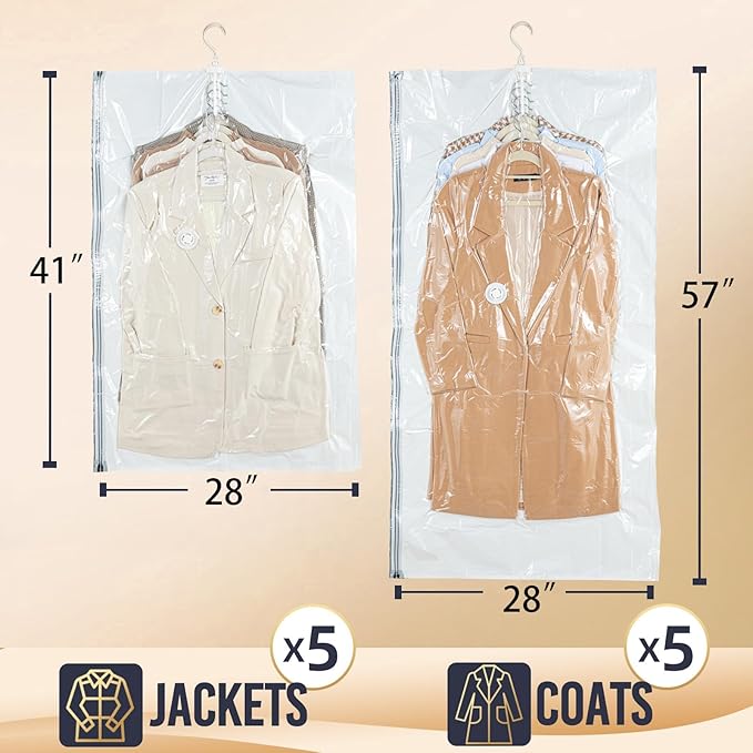 Hanging Vacuum Storage Bags – 2 Pack (1 Long, 1 Short) Hanging Vacuum Seal Bags for Clothing, Closet Organizer Space Saver for Suits, Jackets & Coats
