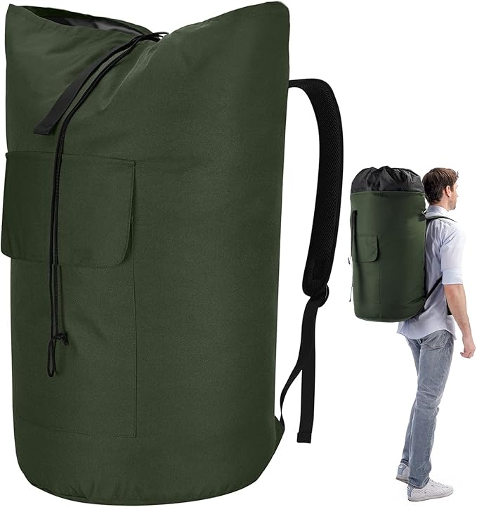 Backpack Laundry Bag, 115L Heavy Duty Extra Large College Laundry Backpack, Dirty Clothes Bag with Shoulder Straps, Laundry Hamper Bag with Drawstring Closure for College Dorm, Apartment Army Green